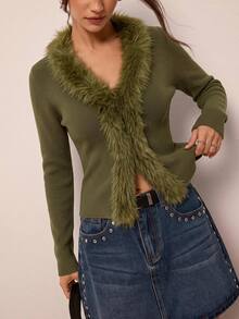 Freevana Women's Patchwork Fuzzy Long Sleeve Slim Fit Knit Cardigan Brunch Olive Green Autumn Casual Elegant - Army Green - View 1
