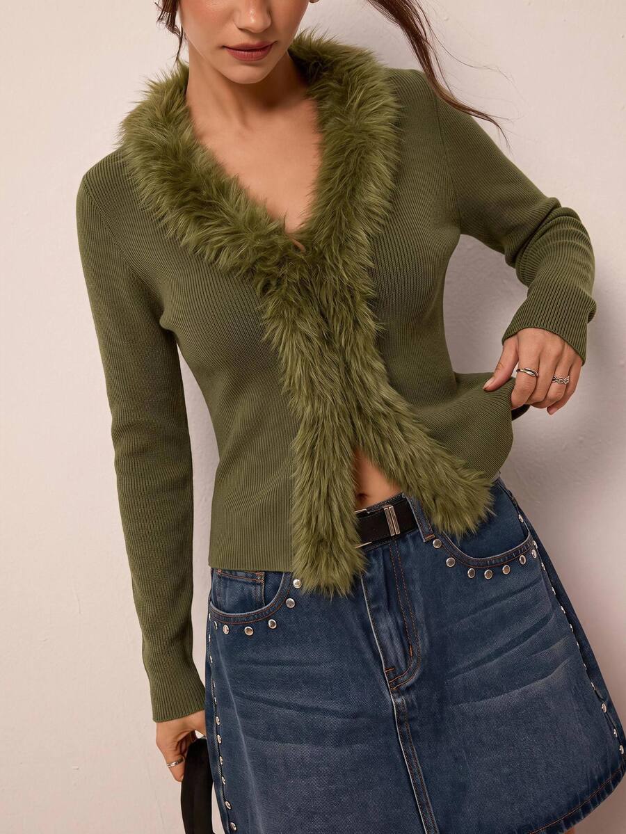 Freevana Women's Patchwork Fuzzy Long Sleeve Slim Fit Knit Cardigan Brunch Olive Green Autumn Casual Elegant - Army Green - View 1