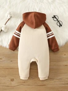 SHEIN 中性新生兒嬰兒男/女童、幼兒秋冬保暖內裡加厚拼色拼接連帽連身衣，嬰兒冬季連身衣 - 藏蓝色 - 查看 2