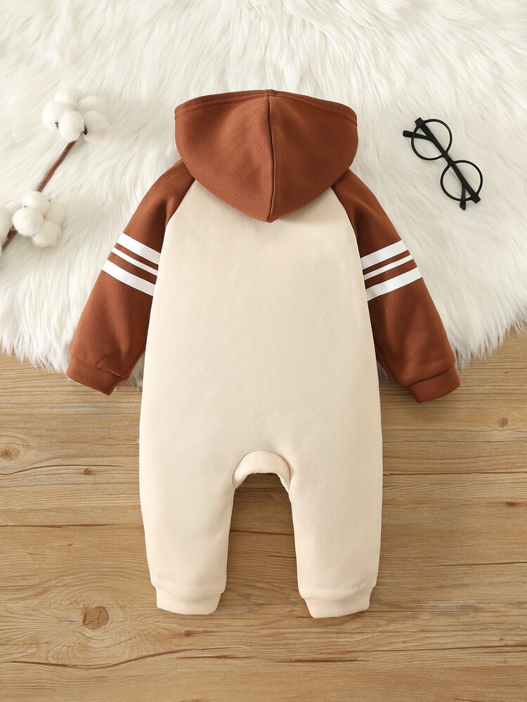 SHEIN Unisex Newborn Baby Boy/Girl, Toddler Autumn/Winter Thermal Lined Thickened Colorblock Patchwork Hooded Jumpsuit, Baby Winter Jumpsuit - Navy Blue - View 2