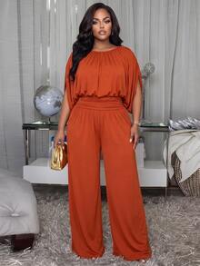 Poshavie Poshavie Plus Size Draped Batwing Sleeve Two Pieces Set, Boat Neck Ruched Top & High Waist Wide Leg Pants Eleg - Rust Brown - View 5