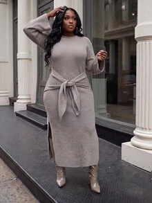 Slaydiva Plus Size Autumn/Winter Fashion Knotted Side Slit Knit Dress - Coffee Brown - View 11