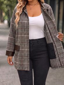 EMERY ROSE CURVE Jaket Wanita Ukuran Besar Motif Kotak-kotak Vintage Musim Gugur/Dingin dengan Kerah Patchwork Kulit, Lengan Panjang, Potongan Longgar, Blazer Komuter Serbaguna Musim Gugur - MultiWarna - View 4