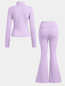 SHEIN Girlism 青少年女孩 2件套 立領拉鍊純色長袖上衣與長褲休閒運動時尚套裝 - 淡紫色 - 查看 2