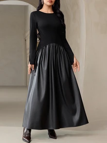 Veilorie Women's Solid Color Round Neck Long Sleeve Elegant Dress - Black - View 3