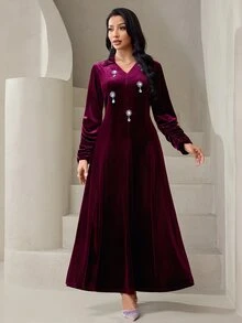 Veilorie 女款優雅派對水鑽裝飾長洋裝 - 酒紅色 - 查看 4