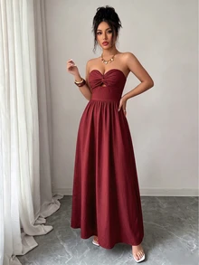 Selianne Summer New Bohemian Style Long Strapless Dress, Sexy Back Cutout, Floral Print, Bandeau Dress, Elegant Summer Dress, Women's Long Summer Dress, Beach Dress, Suitable For Holiday, Picnic, Beach Activities - Burgundy - View 6