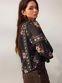 Willow Rêve Women's Black Loose Bell Sleeve Chiffon Blouse, Lace Trim With Tie Front, Vintage Floral Romantic Bohemian Style, Suitable For Spring/Autumn Vacation And Party Wear - Multicolor - View 5