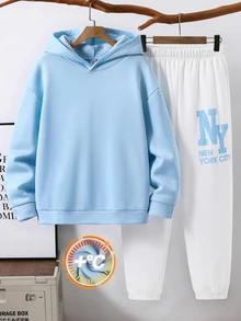 SHEIN 青少年男孩字母印花落肩長袖連帽衛衣與運動長褲休閒套裝 - 彩色 - 查看 2