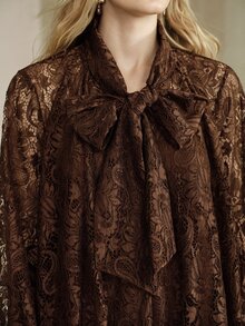 Arave Women's Dress Loose A-Line Lace Bow Tie Neck Lantern Sleeve See-Through Vintage Elegant Business Brown Floral Dresses For Women Thanksgiving - Brown - View 5