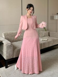Modelyn Setelan 2 Potong Wanita, Elegan, Modis, Serbaguna, Warna Polos, Rok Mengembang dengan Hiasan Renda yang Mengencangkan Pinggang, Cocok untuk Musim Semi, Gugur, dan Musim Dingin. - Berwarna merah muda - View 4
