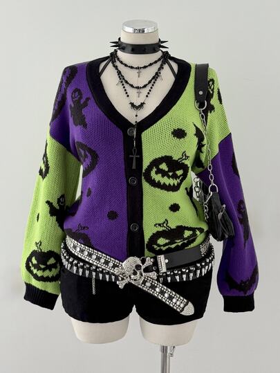 Sunspun Y2K Plus Size Women's Vintage Halloween Element Long Sleeve Colorblock Cardigan Sweater, Suitable For Autumn/Winter Holidays And Daily Wear Pumpkin