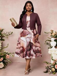 SHEIN Lady Plus Size Women Solid Color Long Sleeve Open Front Cardigan And Marble Print Dress Elegant Set Fall - Multicolor - View 4