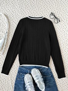 SHEIN 青少年女孩極簡純色V領長袖套頭毛衣，休閒日常穿著，秋冬長袖上衣，學院風V領長袖毛衣，復古V領毛衣，返校穿搭 - 黑色 - 查看 5