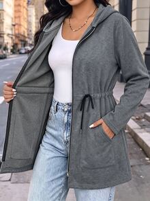 SHEIN LUNE CURVE Plus Size Women's Autumn/Winter Fashion Casual Loose Comfortable Daily All-Match Versatile Grey Hooded Zip-Up Cinched Waist Mid-Length Sweatshirt Jacket - Grey - View 4