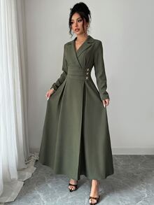 SHEIN Women's Olive Green Blazer Lapel Contrast Collar Ruched Waist With Star Metal Button Decor Cinched Waist Large A-Line Back Seam Long Sleeve Long Dress - Army Green - View 5