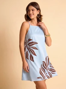 CAJUNI Gaun Kasual Liburan Motif Bunga dengan Tali Bahu Tipis - Biru - View 7