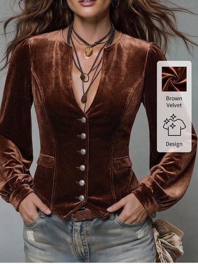 Solivie Women's Elegant Velvet Slim Fit Jacket, Autumn  Party  Going Out Tops Casual Blouses For Women Elegant Women's Blouses