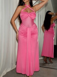 SHEIN Cross-Strap Bow Hollow Mesh Patchwork Twisted Decor Ribbon Sexy Elegant Cocktail Evening Party Plus Size Women Dress Pink