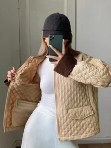 DAZY Damen Farbblock Revers Langarm Reißverschluss Vorne Winterjacke - Braun - Übersicht 6