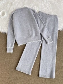 2pcs/Set Autumn/Winter Tween Girls Round Neck Fuzzy Knit Sweater And Ruffle Hem Long Pants Set - Grey - View 2