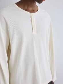 Merionis Men's Solid Color Button Design Crew Neck Long Sleeve Casual Versatile T-Shirt - Apricot - View 5
