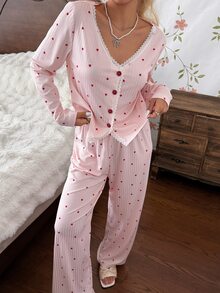 CottageSlumber PINK Heart Print Ribbed Knit Contrast Lace Cardigan Casual Women's Pajama Set - Pink - View 2