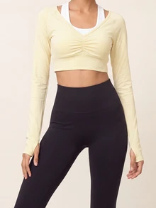SHEIN BAE Women's Pleated 2 In 1 Long Sleeve Halter Neck Sports T-Shirt - Butter Yellow - View 1