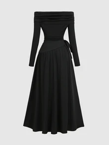 Sweetra Women's Black Spring/Autumn Elegant Casual Comfortable Versatile Off Shoulder Ruched Waist Fitted Bowknot Design Midi Dress - Black - View 2