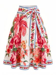 SHEIN Clasi Tropical Print Tie-Up A-Line Skirt, Suitable For Vacation, Comfortable To Wear - Multicolor - View 3