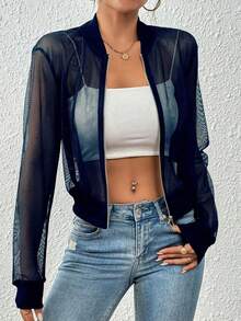GlowEve Women's Mesh Hollow-Out Short Open-Front Casual Commuter Jacket - Navy Blue - View 8