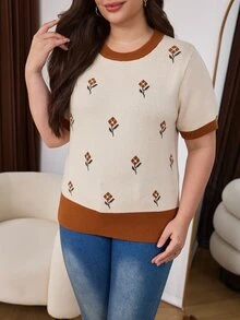 Lacomfia Sweater Lengan Pendek Motif Bunga Kasual Musim Gugur Ukuran Besar - MultiWarna - View 4