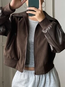 Livesso Jaket Fashion Kasual Longgar Warna-Blok Musim Gugur/Dingin - Coffee Brown - View 4