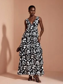 JIAN LASALA Black And White Double Ruffle Layers V Neck Sleeveless Long Dress Vacation Party Elegant - Black and White - View 6