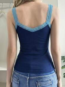 Strévra 新款秋季女款對比蕾絲細肩帶背心上衣 - 黑色 - 查看 4