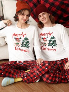 Chillnights Men's Cute Christmas Reindeer Christmas Tree Plaid Snowflake Print Crew Neck Long Sleeve Comfortable Couple Loungewear Set - Multicolor - View 3