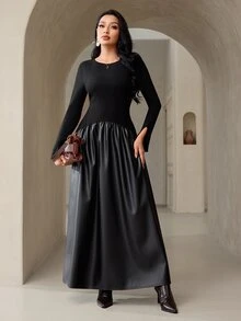 Veilorie Women's Solid Color Round Neck Long Sleeve Elegant Dress - Black - View 1