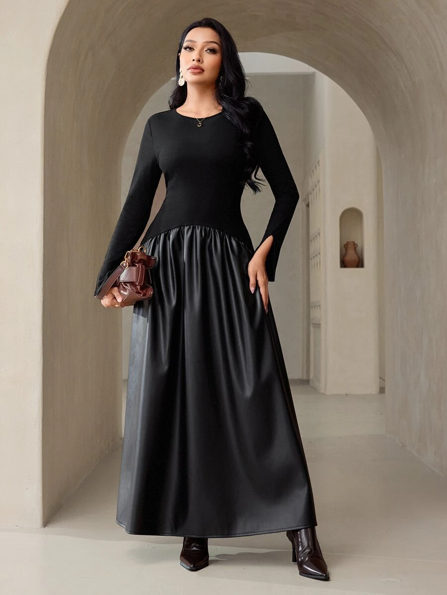 Veilorie Women's Solid Color Round Neck Long Sleeve Elegant Dress - Black - View 1
