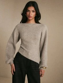 Poéselle Women's Elegant Khaki Ribbed Jacquard Asymmetrical Hem Warm Sweater, Fall Winter Knit Top For Work, Dating, Vacation, Party & Holiday Outfits - Khaki - View 8