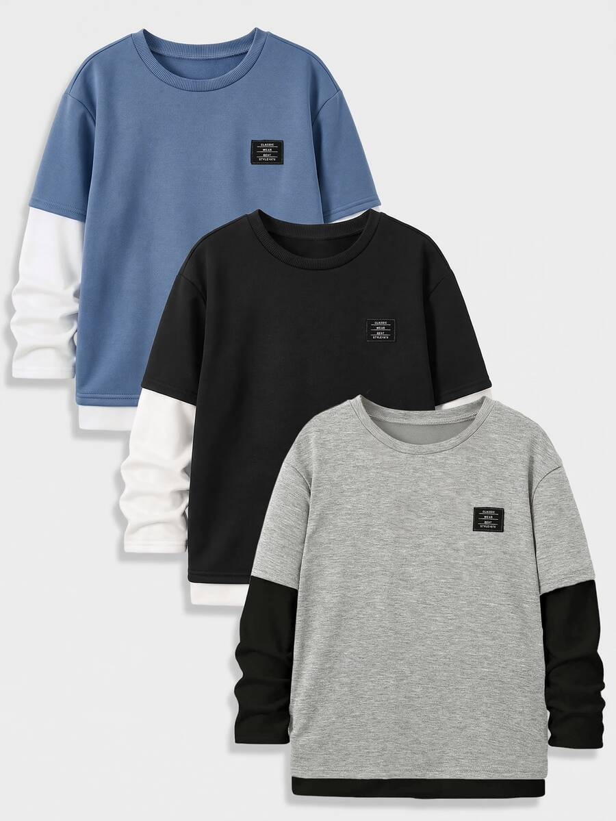 SHEIN 青少年男孩拼接款 3件/組 2合1拼接休閒日常長袖T恤 - 灰色 - 查看 1