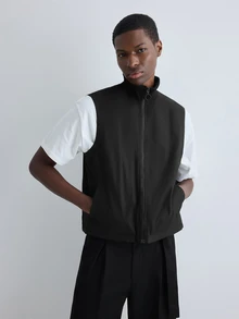 Merionis Men's Solid Color Zipper Front Casual Vest - Black - View 5