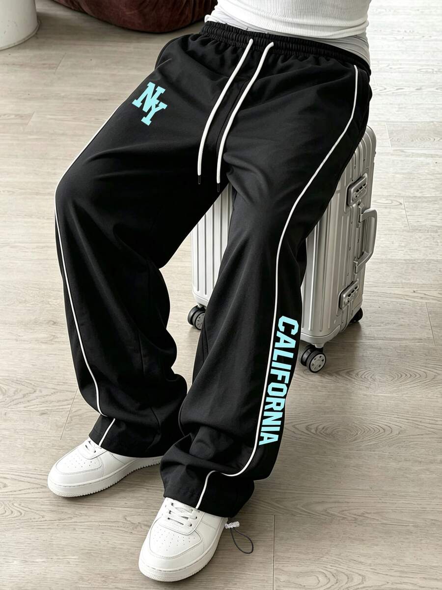 Sport MetroGents 男士字母印花抽繩腰休閒運動長褲 - 黑色 - 查看 1