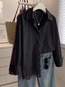 Comfortcana 女款優雅春夏白色領口鈕扣長袖襯衫，適合通勤與約會的多功能穿搭 - 黑色 - 查看 8