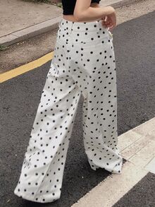 DAZY Polka Dot Loose Wide Leg Pants Casual Street Vacation Autumn Winter Long Jeans For Women - White - View 7