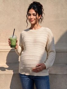 Momance Maternity Solid Color Drop Shoulder Long Sleeve Sweater With Bow Back Decor Photoshoot Formal White Fall And Winter Maternity Casual - Apricot - View 3
