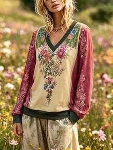 Balvessa Allover Floral Printed Contrast V-Neck Top, Retro Spliced Loose Casual Pullover Sweatshirt - Multicolor - View 3