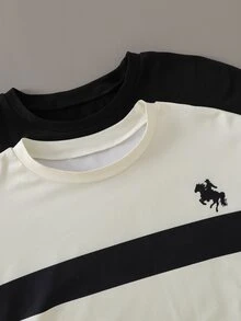 Vacaura 2件組男孩條紋運動衫套裝，舒適馬匹圖案長袖圓領套頭上衣，活力返校休閒運動服 - 彩色 - 查看 5