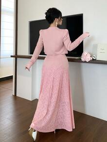Modelyn Setelan 2 Potong Wanita, Elegan, Modis, Serbaguna, Warna Polos, Rok Mengembang dengan Hiasan Renda yang Mengencangkan Pinggang, Cocok untuk Musim Semi, Gugur, dan Musim Dingin. - Berwarna merah muda - View 3