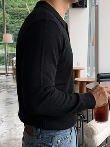 DAZY 春秋款黑色長袖 Polo 領半開襟純色通勤韓風男士針織上衣 - 黑色 - 查看 5