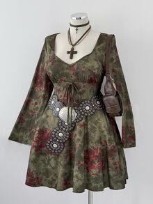 Sunspun Große Größen V-Ausschnitt bedrucktes Kleid mit geraffter Taille und A-Linie - Verschiedenfarbig - Übersicht 6